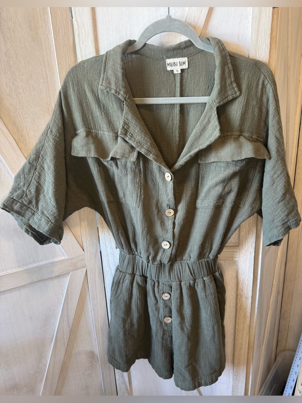 Malibu BUM Olive Green 100% cotton shorts romper button down short sleeve Romper